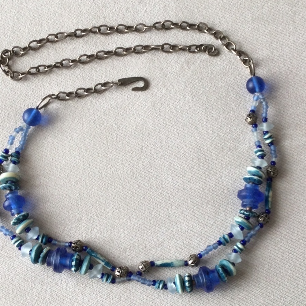 Blue Glass Chain Link Belt With Silver Chain